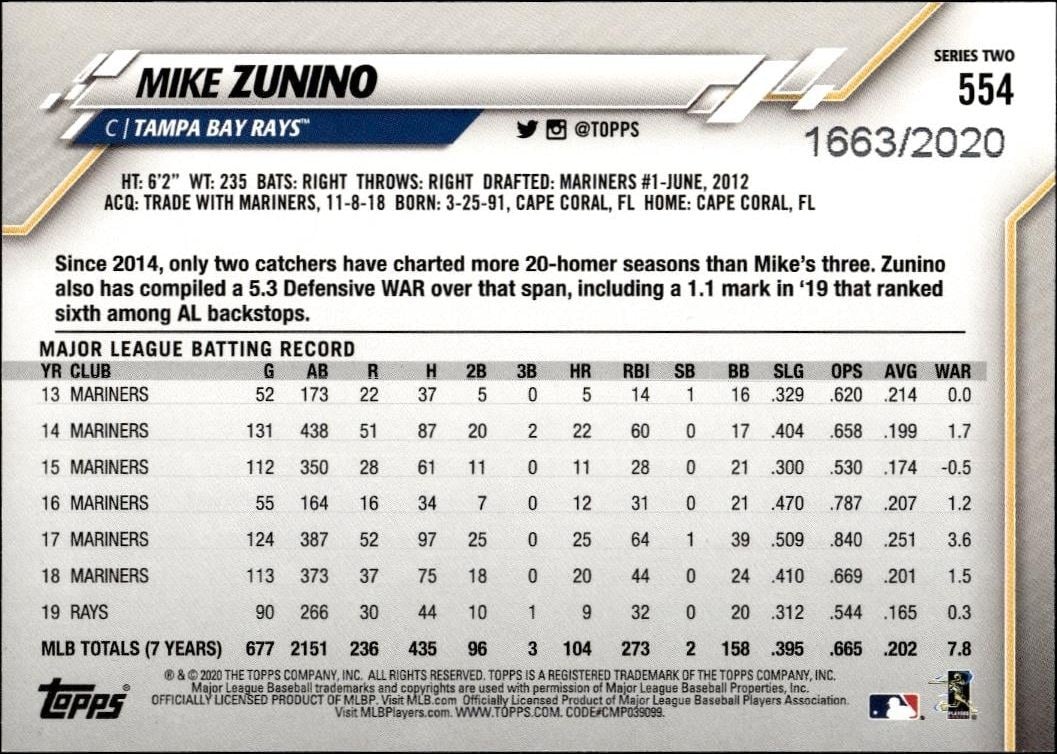 2020 Topps Series 2 Mike Zunino #554 baseball trading card back