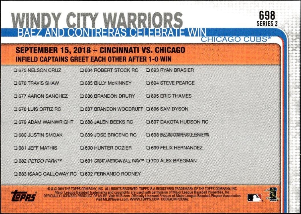 2019 Topps Series 2 Windy City Warriors #698 baseball trading card back