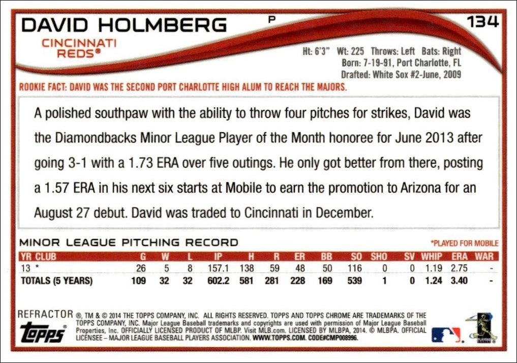 2014 Topps Chrome David Holmberg #134 baseball trading card back