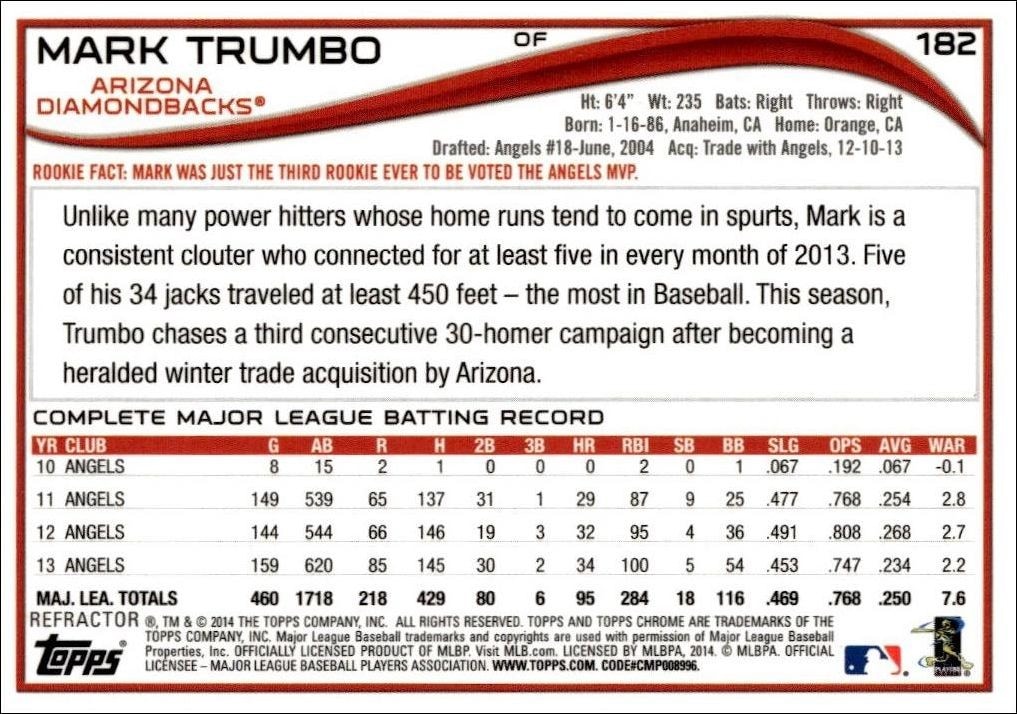 2014 Topps Chrome Mark Trumbo #182 baseball trading card back