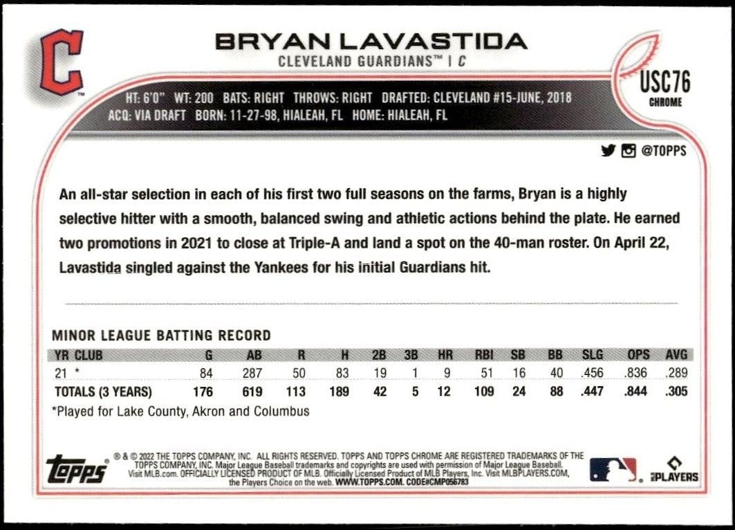 2022 Topps Chrome Update Bryan Lavastida #USC76 baseball trading card back