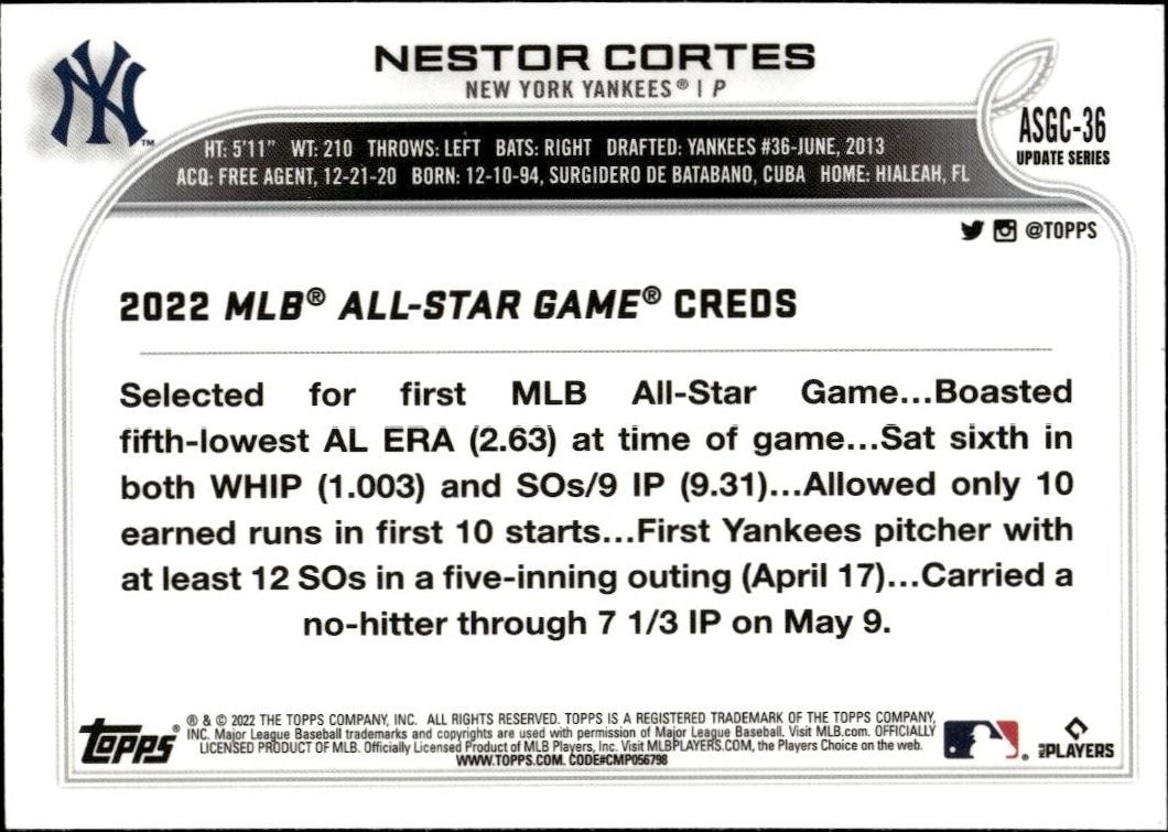 2022 Topps Chrome Update Nestor Cortes #ASG-36 baseball trading card back
