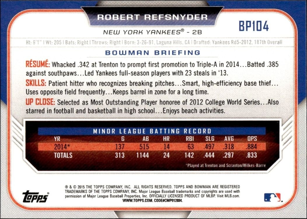 2015 Bowman Draft Robert Refsnyder #BP104 baseball trading card back