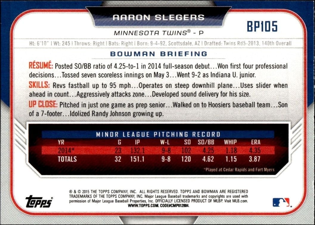 2015 Bowman Draft Aaron Slegers #BP105 baseball trading card back