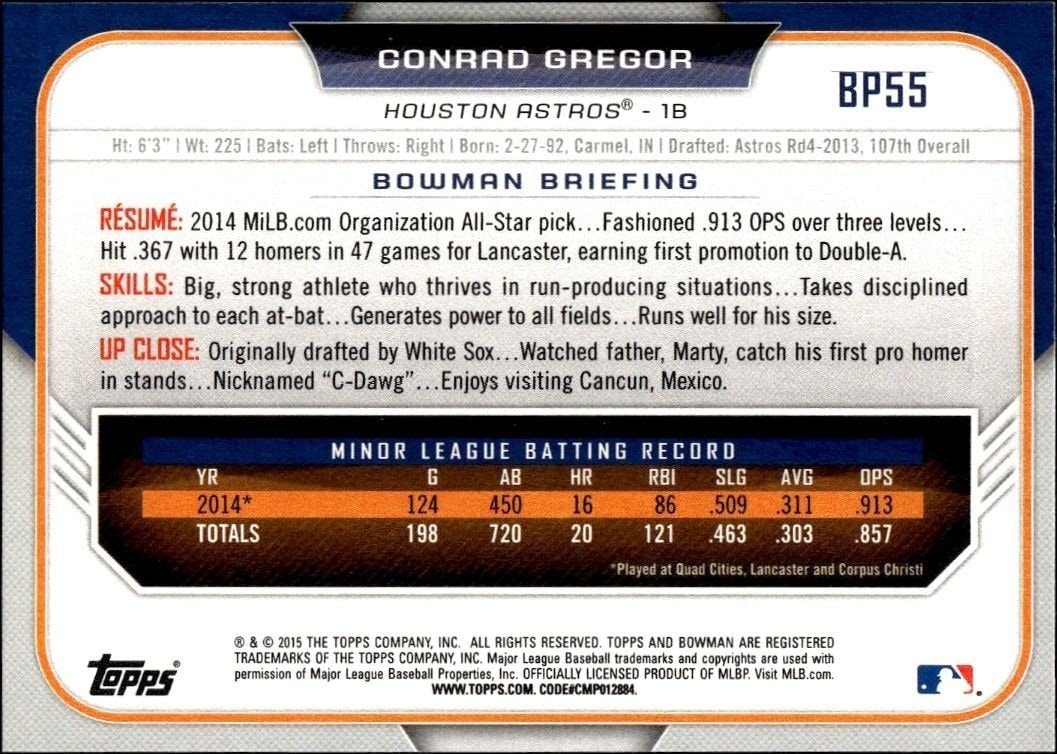 2015 Bowman Draft Conrad Gregor #BP55 baseball trading card back