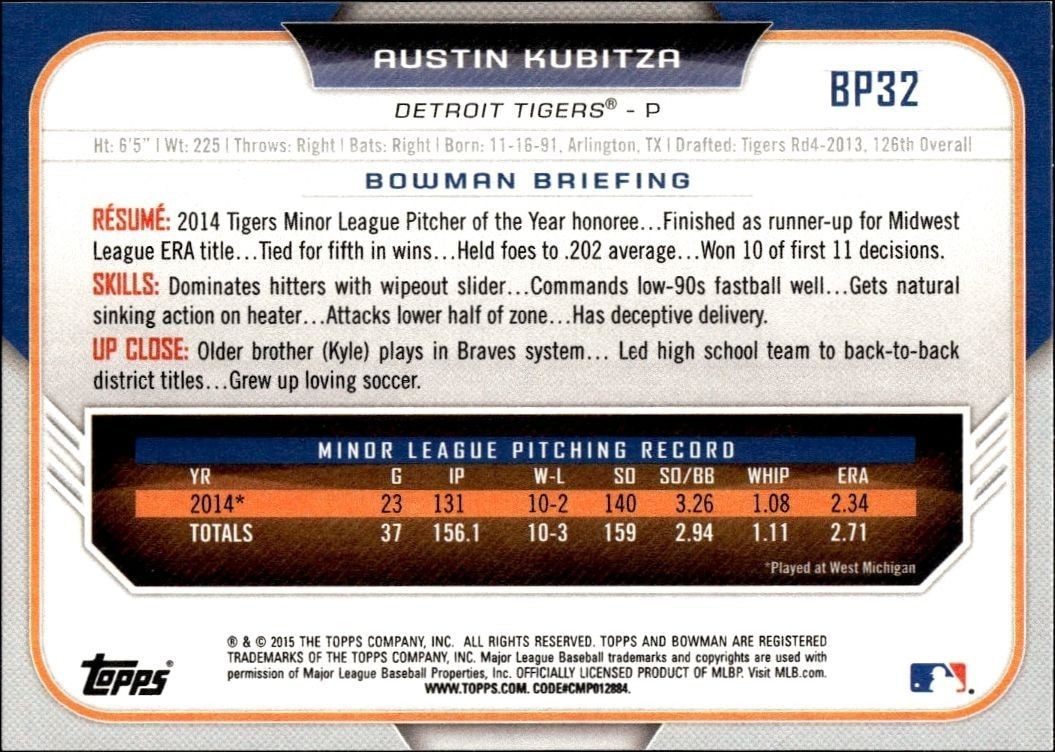 2015 Bowman Draft Austin Kubitza #BP32 baseball trading card back
