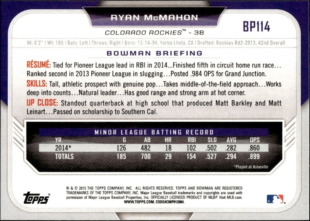 2015 Bowman Draft Ryan McMahon #BP114 baseball trading card back