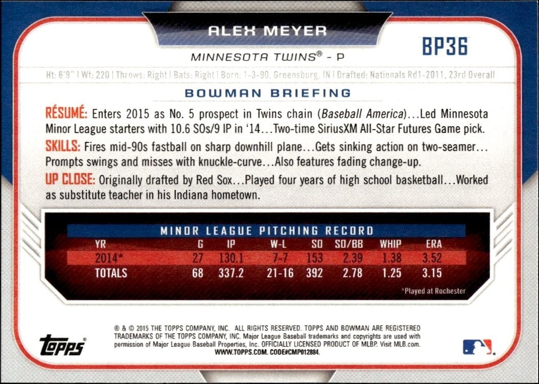 2015 Bowman Draft Alex Meyer #BP36 baseball trading card back