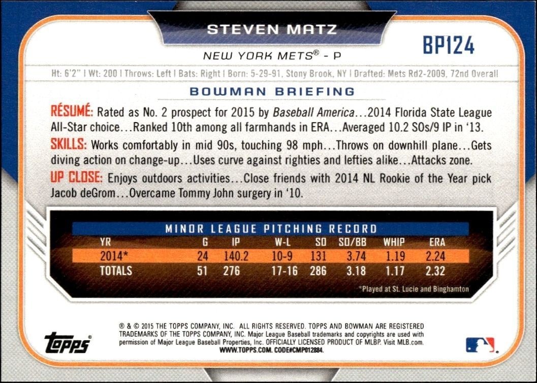 2015 Bowman Draft Steven Matz #BP124 baseball trading card back