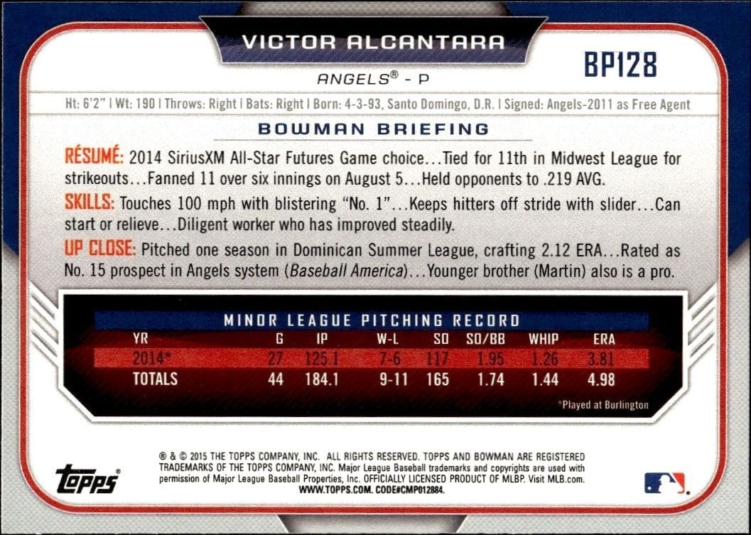 2015 Bowman Draft Victor Alcantara #BP128 baseball trading card back