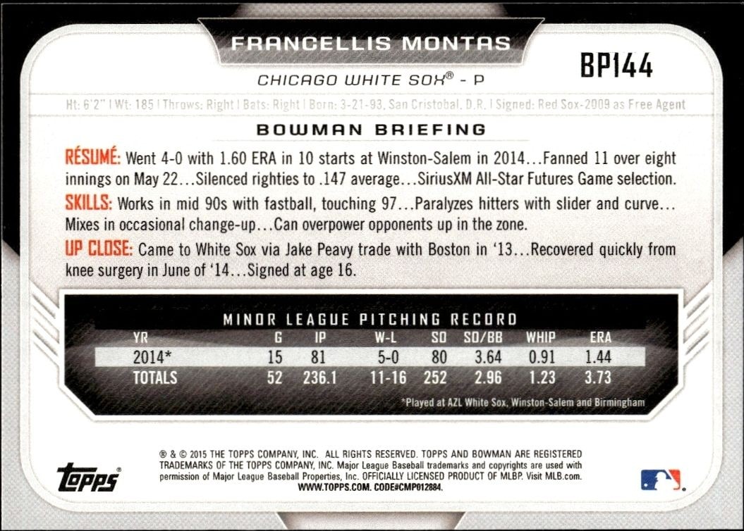 2015 Bowman Draft Francellis Montas #BP144 baseball trading card back