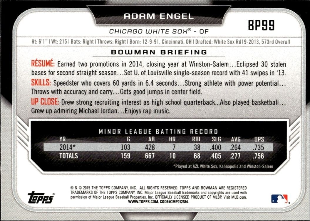 2015 Bowman Draft Adam Engel #BP99 baseball trading card back