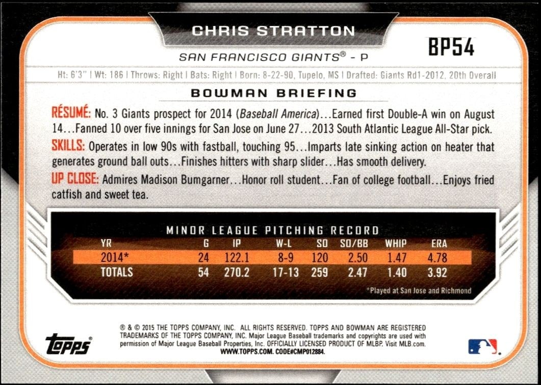 2015 Bowman Draft Chris Stratton #BP54 baseball trading card back