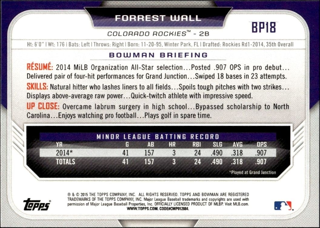 2015 Bowman Draft Forrest Wall #BP18 baseball trading card back
