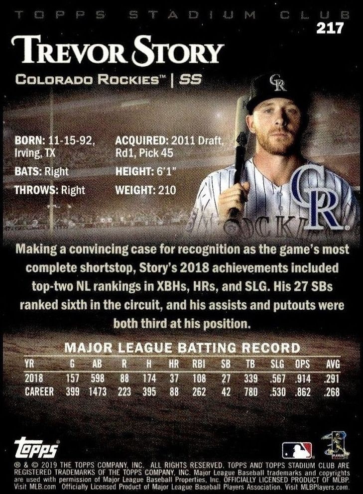2019 Topps Stadium Club Trevor Story #217 baseball trading card back