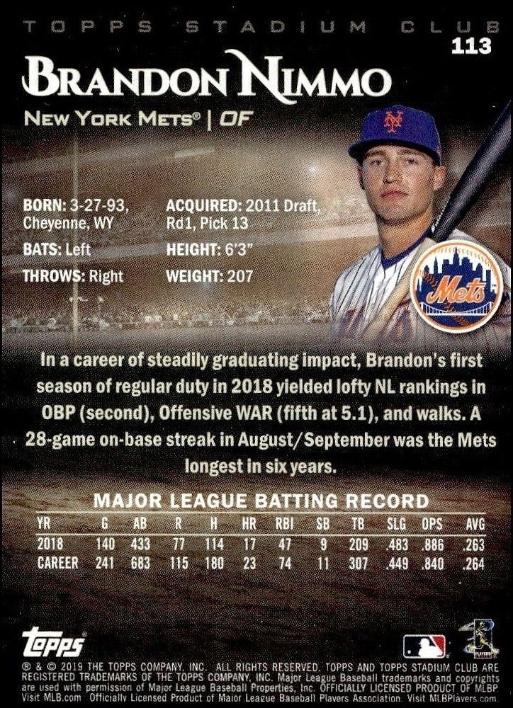 2019 Topps Stadium Club Brandon Nimmo #113 baseball trading card back