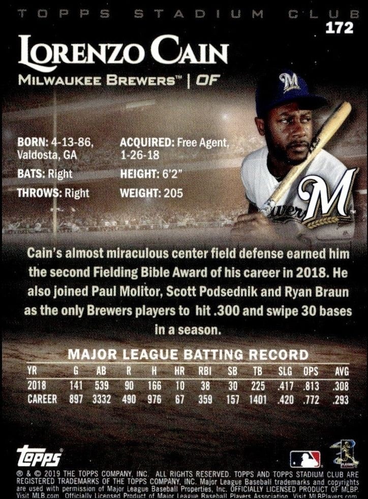 2019 Topps Stadium Club Lorenzo Cain #172 baseball trading card back