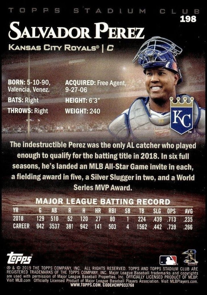 2019 Topps Stadium Club Salvador Perez #198 baseball trading card back