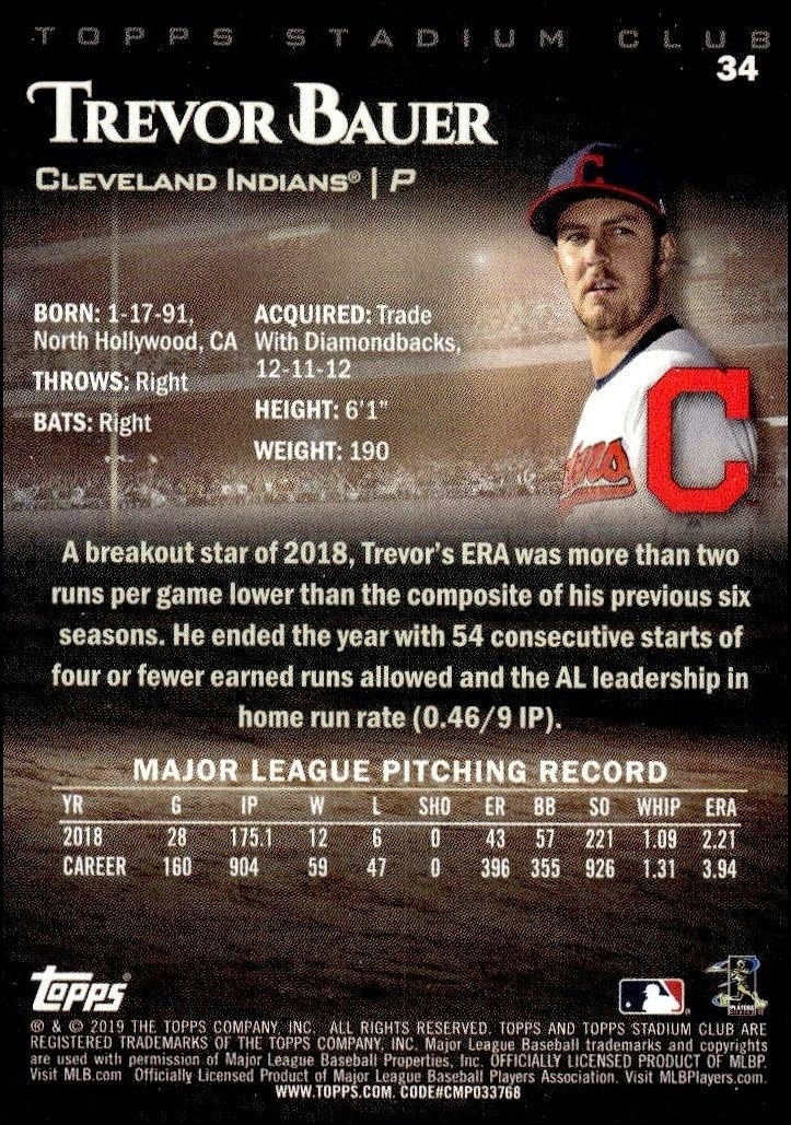 2019 Topps Stadium Club Trevor Bauer #34 baseball trading card back