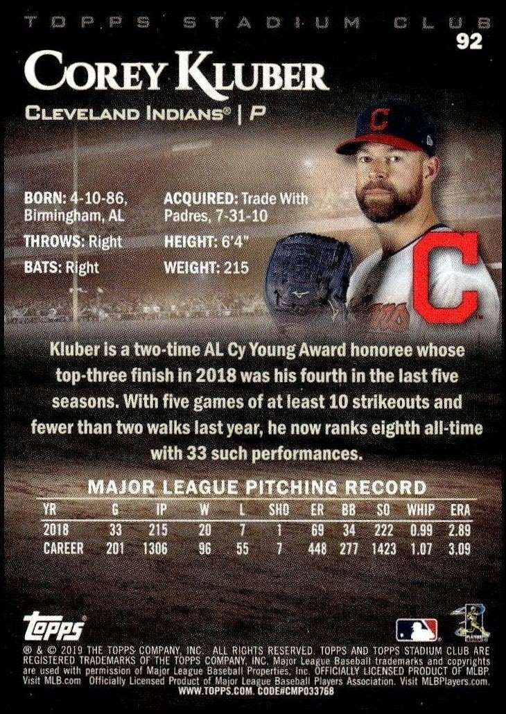 2019 Topps Stadium Club Corey Kluber #92 baseball trading card back