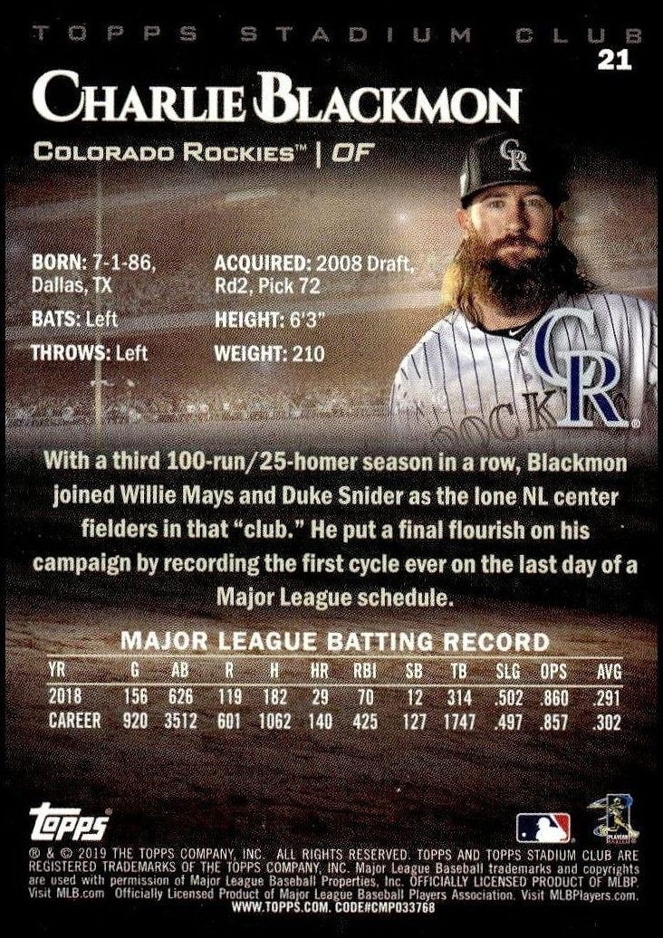 2019 Topps Stadium Club Charlie Blackmon #21 baseball trading card back