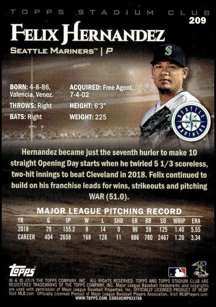 2019 Topps Stadium Club Felix Hernandez #209 baseball trading card back