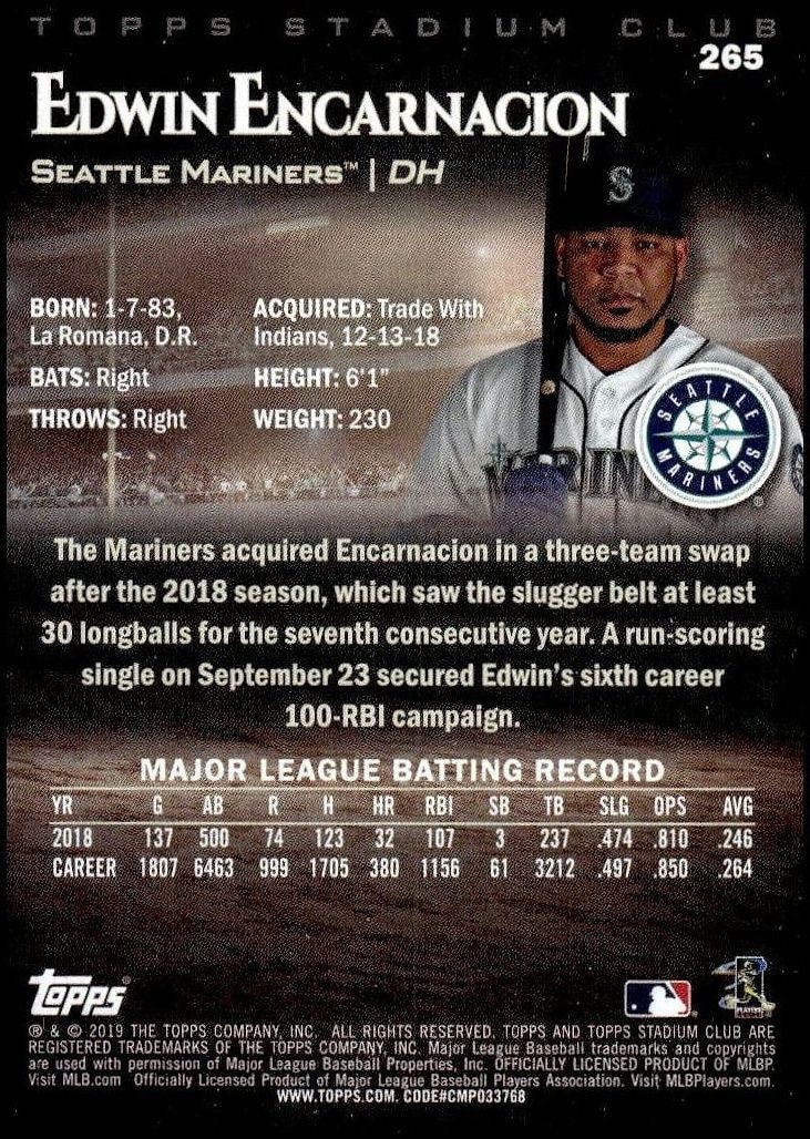 2019 Topps Stadium Club Edwin Encarnacion #265 baseball trading card back