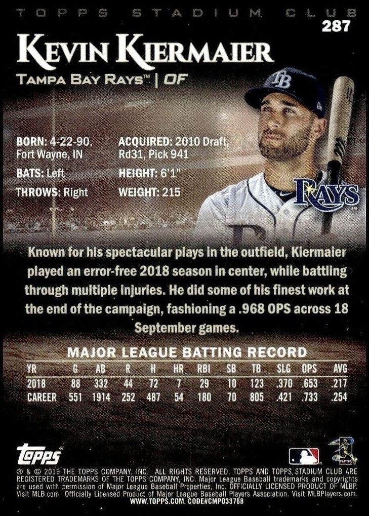 2019 Topps Stadium Club Kevin Kiermaier #287 baseball trading card back