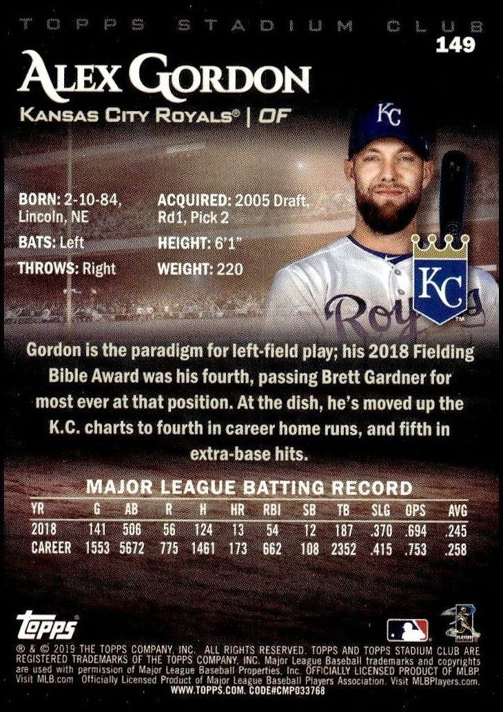 2019 Topps Stadium Club Alex Gordon #149 baseball trading card back