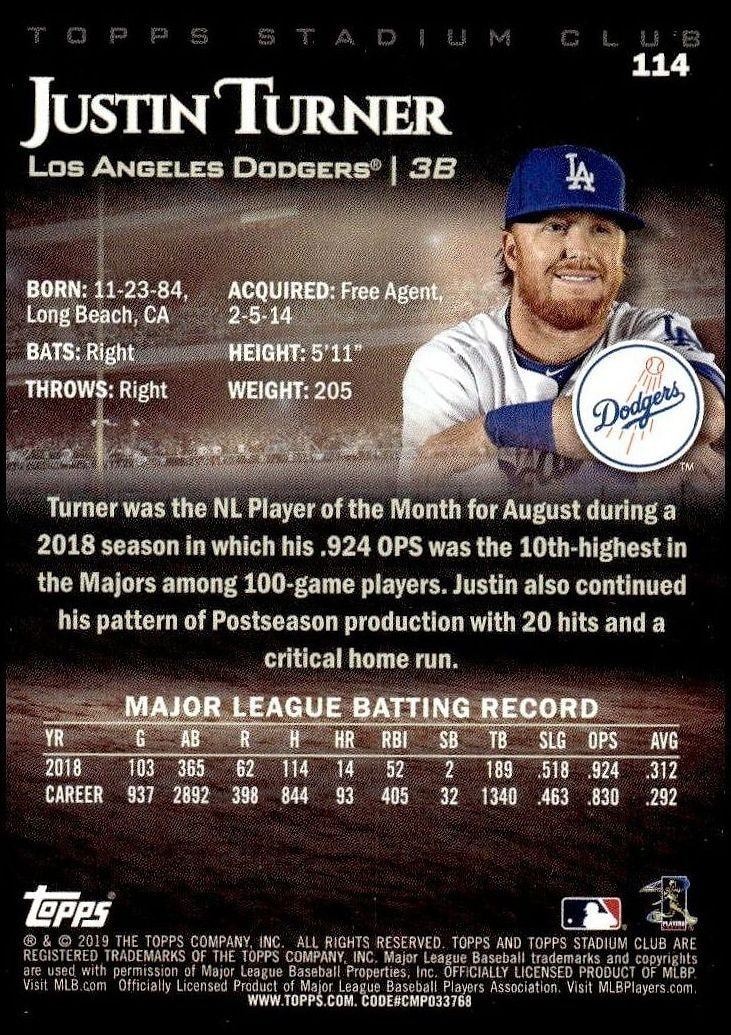 2019 Topps Stadium Club Justin Turner #114 baseball trading card back