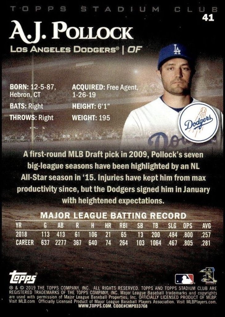 2019 Topps Stadium Club A.J. Pollock #41 baseball trading card back