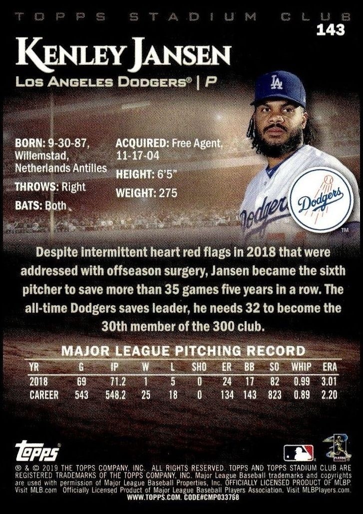 2019 Topps Stadium Club Kenley Jansen #143 baseball trading card back