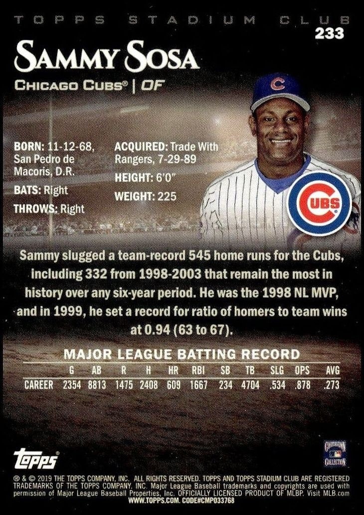 2019 Topps Stadium Club Sammy Sosa #233 baseball trading card back