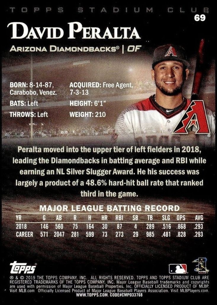 2019 Topps Stadium Club David Peralta #69 baseball trading card back