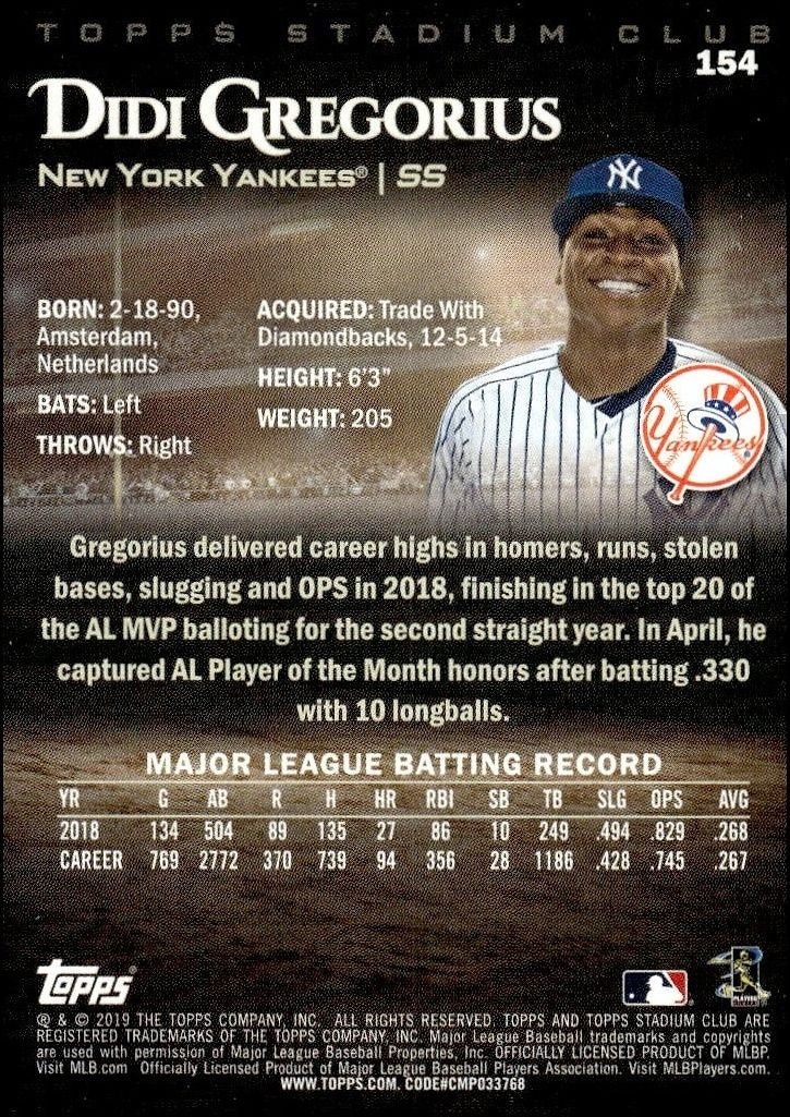 2019 Topps Stadium Club Didi Gregorius #154 baseball trading card back
