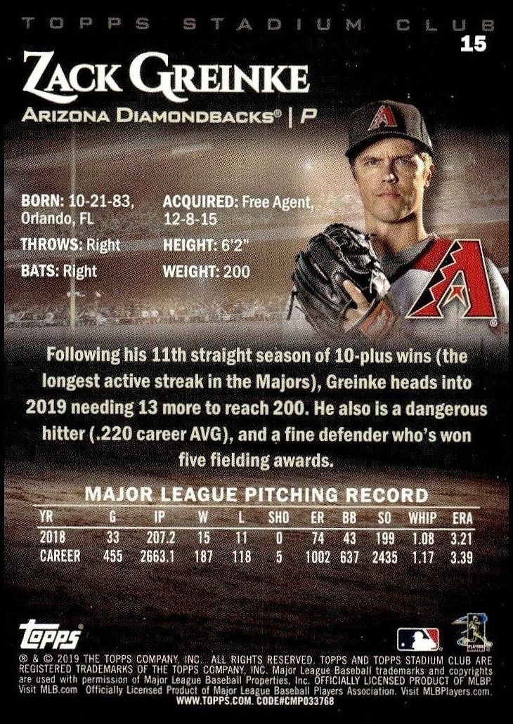 2019 Topps Stadium Club Zack Greinke #15 baseball trading card back