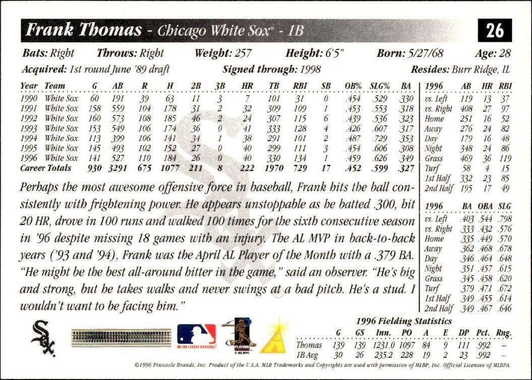 1997 Pinnacle Score Frank Thomas #26 baseball trading card back