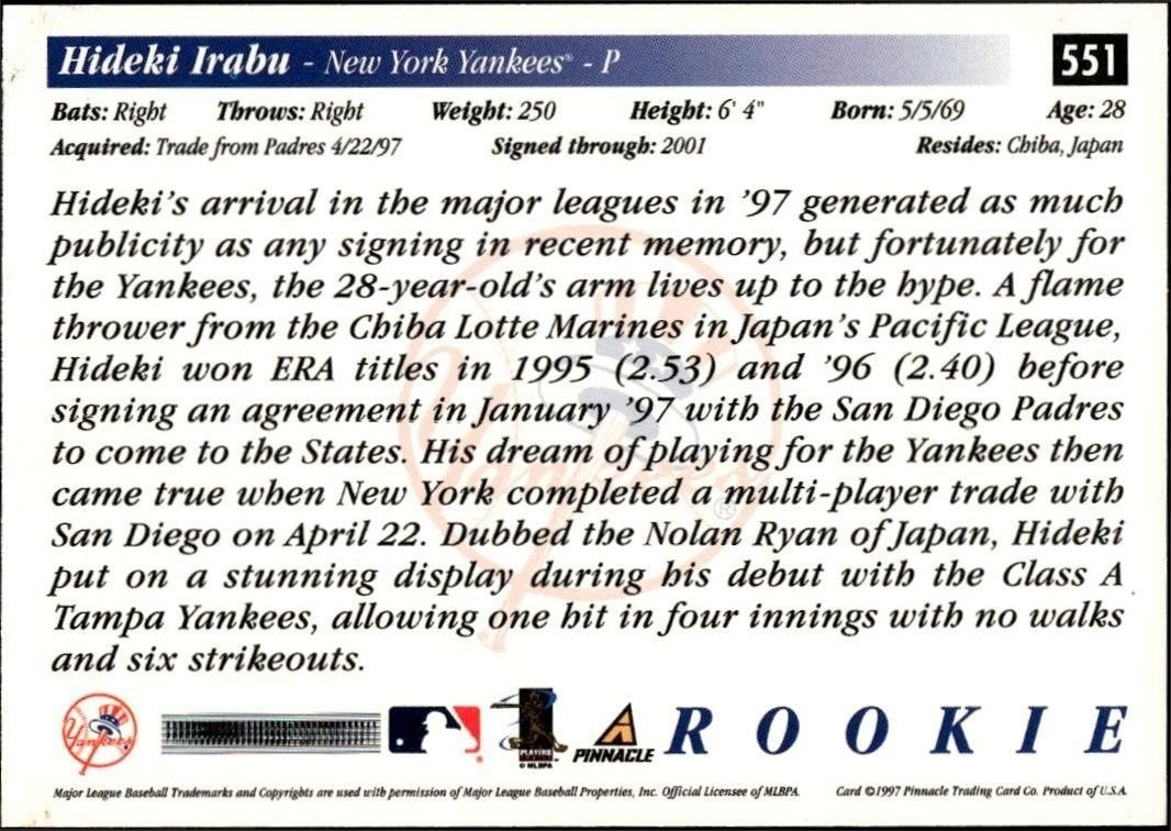 1997 Pinnacle Score Hideki Irabu #551 baseball trading card back