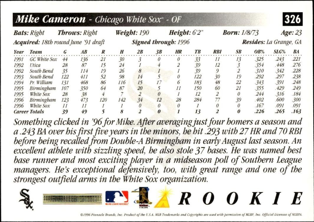 1997 Pinnacle Score Mike Cameron #326 baseball trading card back