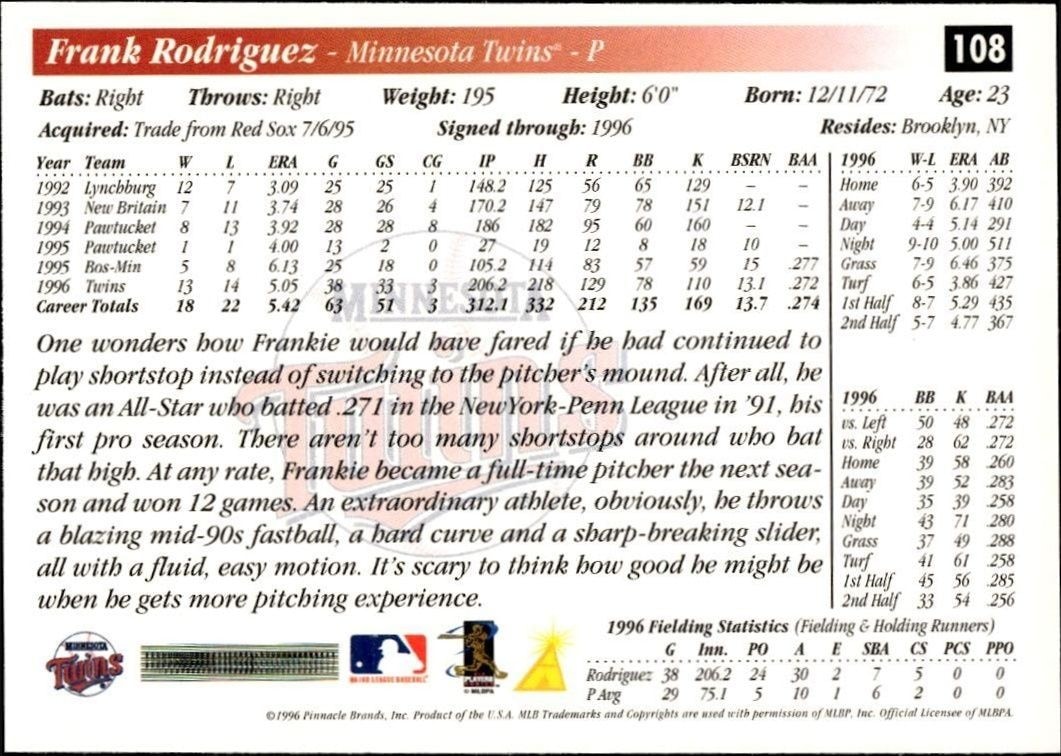 1997 Pinnacle Score Frank Rodriguez #108 baseball trading card back