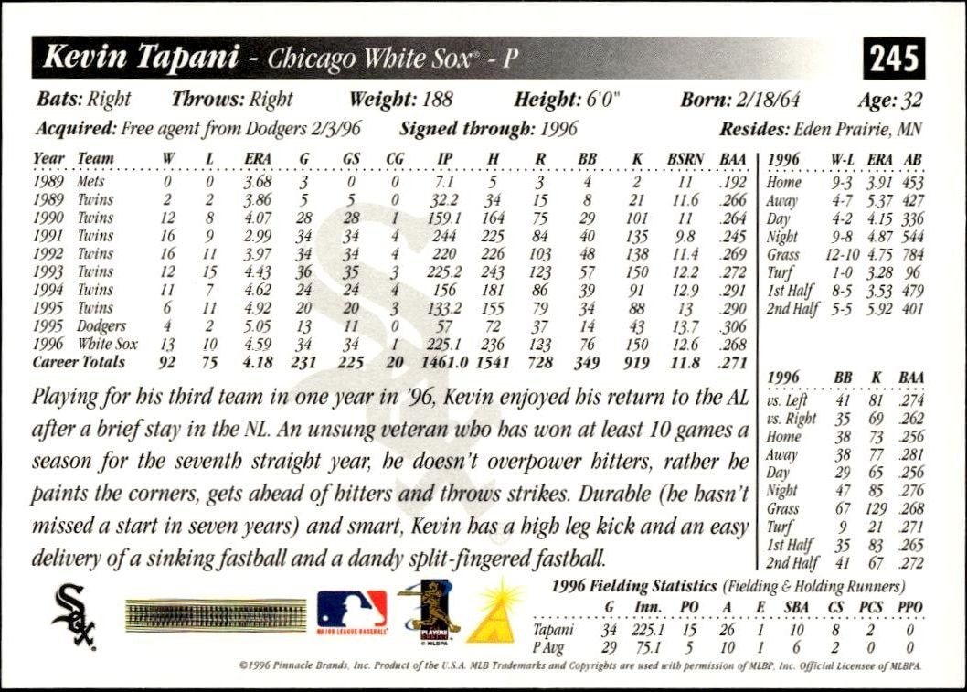 1997 Pinnacle Score Kevin Tapani #245 baseball trading card back