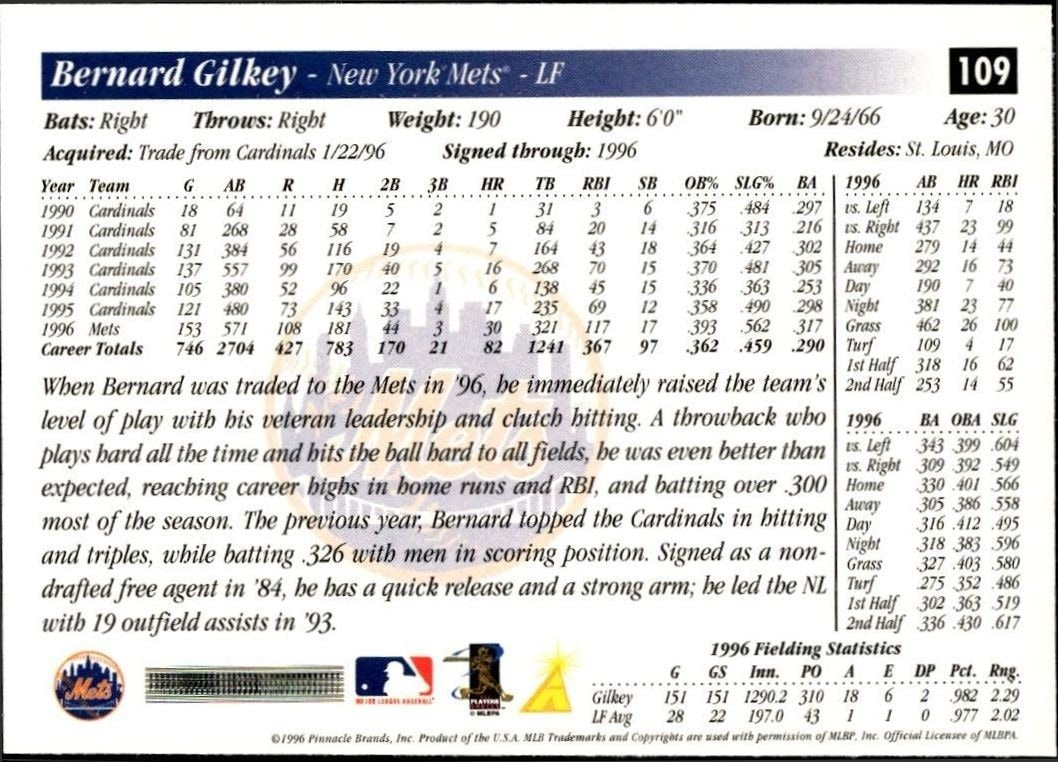 1997 Pinnacle Score Bernard Gilkey #109 baseball trading card back