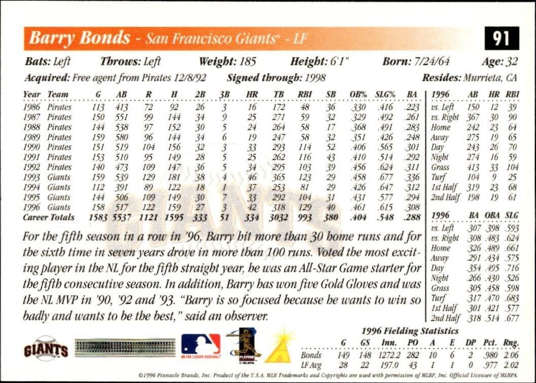 1997 Pinnacle Score Barry Bonds #91 baseball trading card back