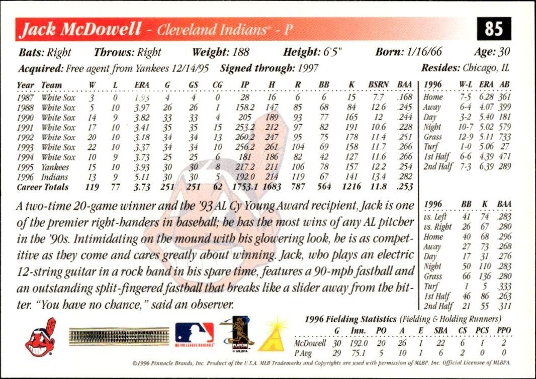 1997 Pinnacle Score Jack McDowell #85 baseball trading card back