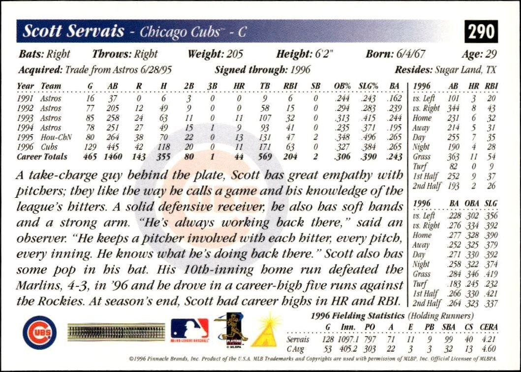 1997 Pinnacle Score Scott Servais #290 baseball trading card back