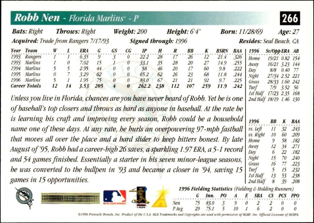 1997 Pinnacle Score Robb Nen #266 baseball trading card back