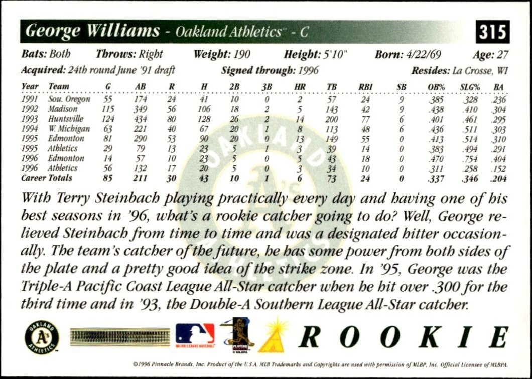 1997 Pinnacle Score George Williams #315 baseball trading card back