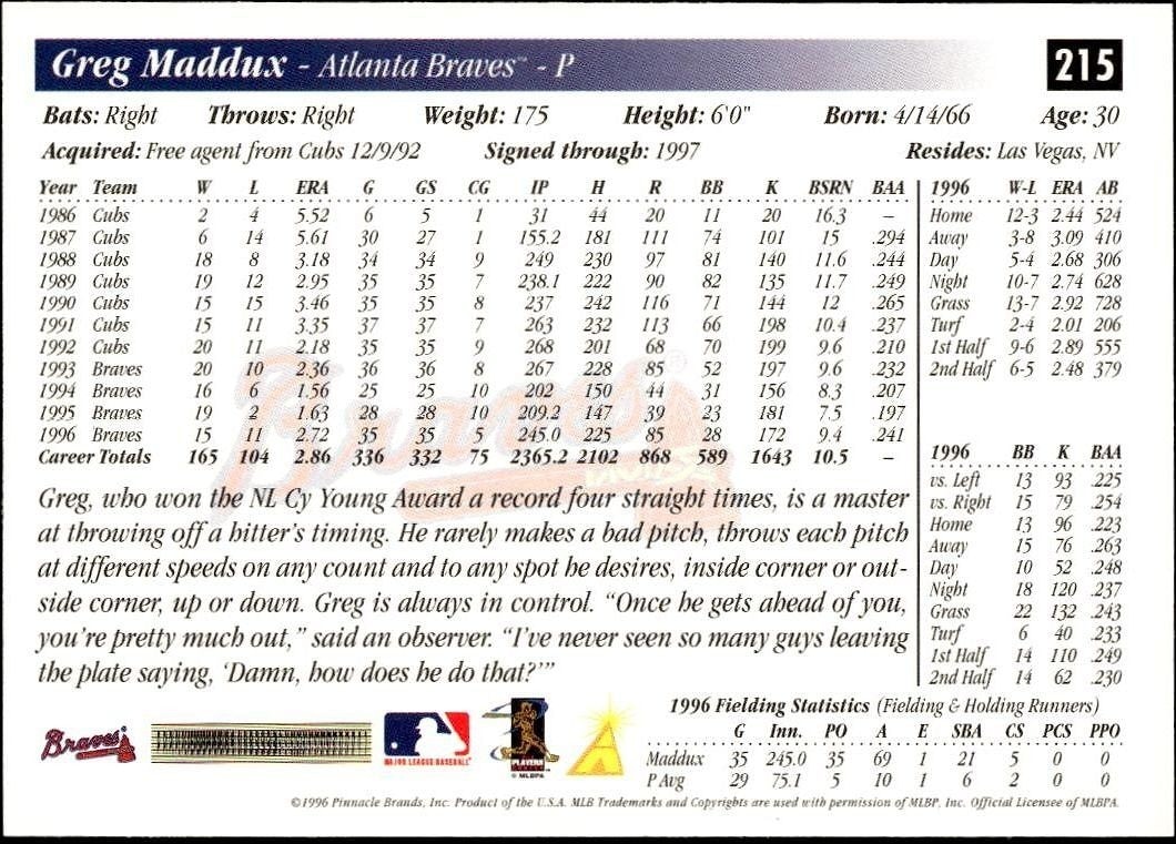 1997 Pinnacle Score Greg Maddux #215 baseball trading card back