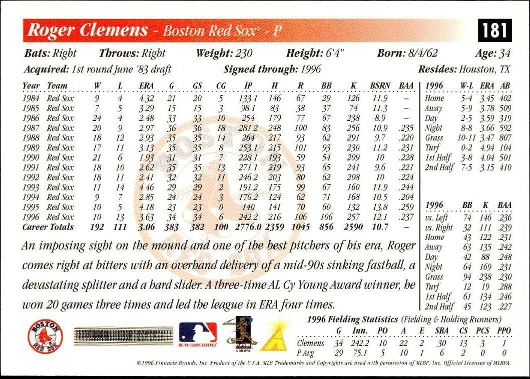 1997 Pinnacle Score Roger Clemens #181 baseball trading card back