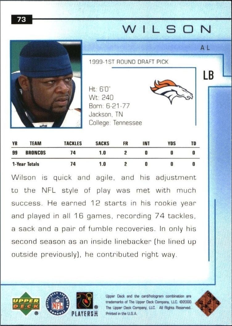 2000 Upper Deck Al Wilson #73 football trading card back